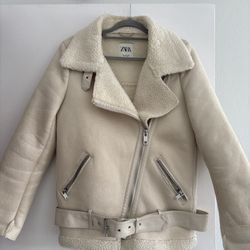 Zara, Biker Jacket, Beige Suede, And Sherpa Collar Size Small Really Cute
