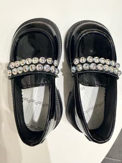 girls black patent loafers with sparkly bead strap, shiny dress shoes, insole 15.5 cm