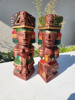 Vintage hand-carved Aztec Mayan Wood Totem Statues Set of 2 Pair Figures Sculptures Folk Art Carved