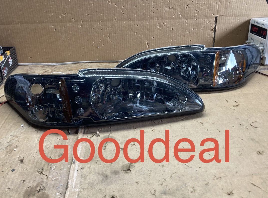 #OH264 Fit 1994-98 Ford Mustang Smoked Lens Amber Corner LED DRL Front Bumper Headlight/Lamps Replacement