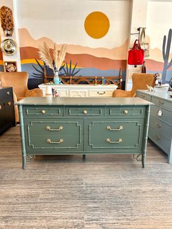 Green Faux Bamboo Dresser with Brass Hardware / VINTAGE!