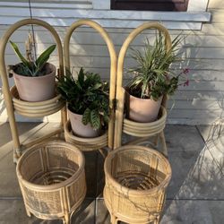 3-Piece Rattan Plant Stand Set – Urban Outfitters Style – Matching Stand + 2 Holders