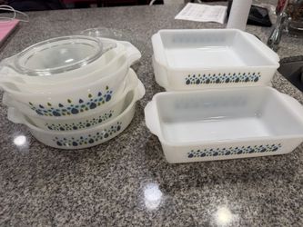 Vintage Fire King Milk Glass Alpine Swiss Chalet Blue Green