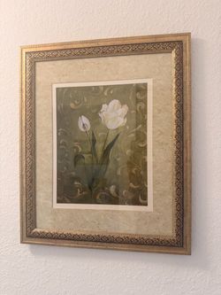 Vintage Framed White Tulip Floral Wall Art by Ria Von