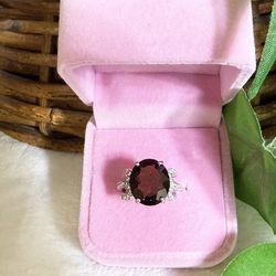New, Custom Made, Sterling Silver Scrolled Shoulder with a 14x12mm Garnet and cubic zirconium accents, Size 