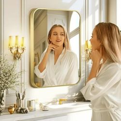 20"x30" Brushed French Gold Mirror for Wall, Gold Rounded Rectangle Mirror with Metal Frame Hanging for Bathroom Entryway Vanity,Living Room,Bedroom,V