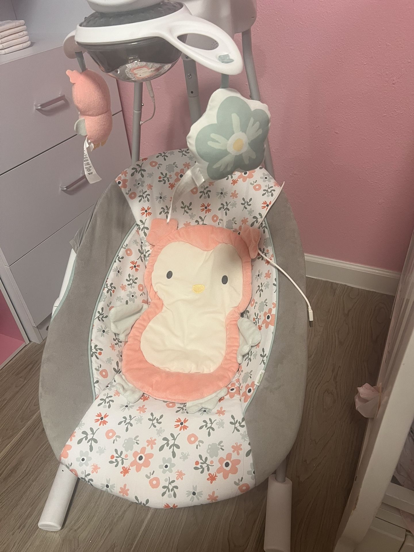 Ingenuity InLighten 5-Speed Baby Swing - Swivel Infant Seat, 5 Point Safety Harness, Nature Sounds, Lights - Nally Owl