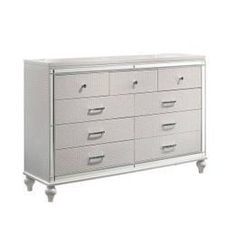 White Faux Crocodile 9-Drawer Dresser with Mirrored Trim