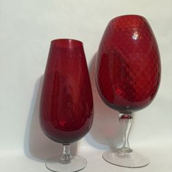 Two Red Mid Century XXL Great Vase structured on foot Red Murano Italy Chalice