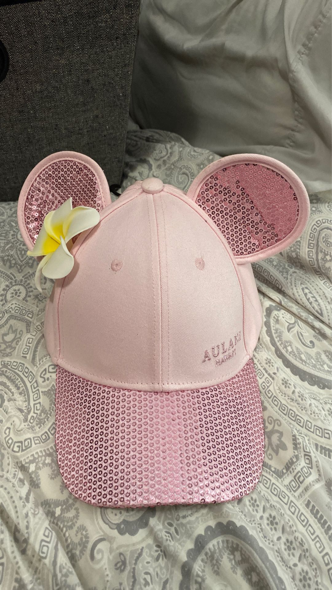 Pink sequin Disney Mikey ears hat Aulani Hawaiian flower