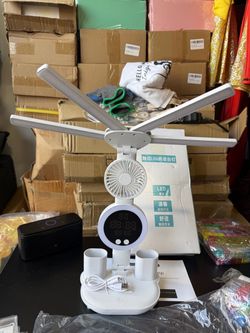 6-in-1 Foldable LED Desk Lamp with Fan, Clock Display, and Pen Holders
