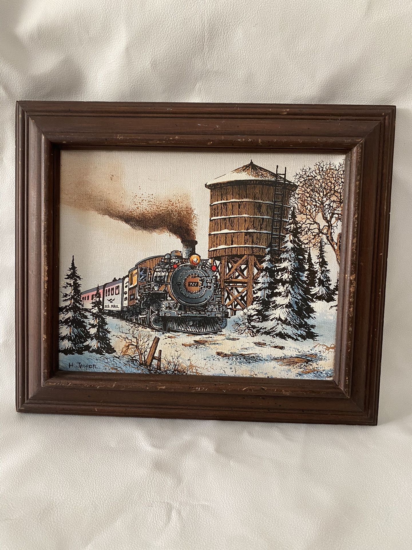 H. Jasper signed Oil Painting vintage train steam locomotive winter scene