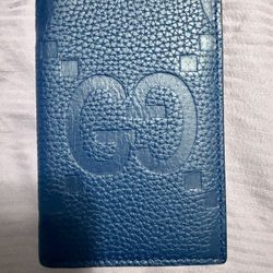 Gucci Jumbo GG Embossed Leather Blue Vertical Card Holder