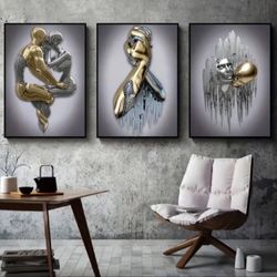 3pcs Unframed Canvas Poster, Modern Art, Metal Figure Statue Art Canvas Painting, Romantic Abstract Poster And Prints Wall Art,, Ideal Gift 40X60cm