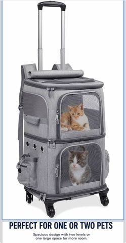Double-Compartment Cat Carrier Backpack with Wheels for Two Pets 2-in-1 Pet Rolling Carrier for Smalls Cats and Dogs, Perfect for Traveling / Walking/