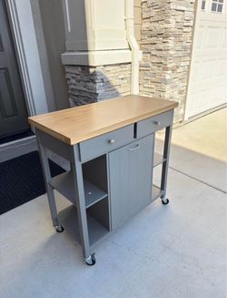Gray Rolling Kitchen Island Cart with Butcher Block Top