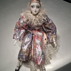 Vintage JESTER CLOWN" Porcelain/Cloth Musical Box Doll