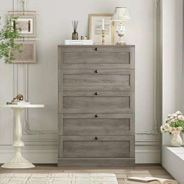 5 Drawer Bedroom Dresser, Modern Farmhouse Vertical Dresser Drawers Wood, Grey