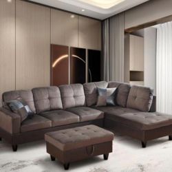 Brand New Brown Microfiber Sectional Sofa With Storage Ottoman 