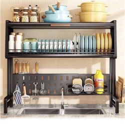 Over The Sink Dish Drying Rack 2 Tier Stainless Steel Large Adjustable Kitchen Dish Drainer Home Storage Organizer Shelf with 7Hooks Brand New still i