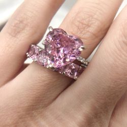 New 925 Sterling Silver Pink Diamond Ring Set 