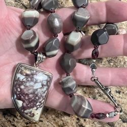 Purple Zebra Jasper Necklace & Pendant Beaded Chunky 925 Sterling Silver Heavy