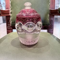 US Glass/ Tiffin, Manhattan Cranberry/Ruby Stained Lidded Jar