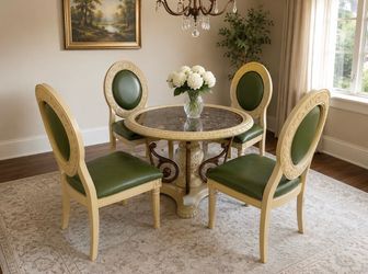 Luxury Marble Top Dining Table Set – 4 Leather Chairs – Solid Wood