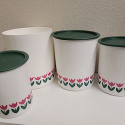 Vintage Tulips Tupperware Canisters Set 4pc Cute Flower Pots Idea