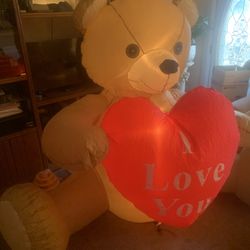 Outdoor Inflatable Brown Bear holding Red Heart with I Love you by Gemmy S with accessories NEW 64" inches tall and  7"ft wide