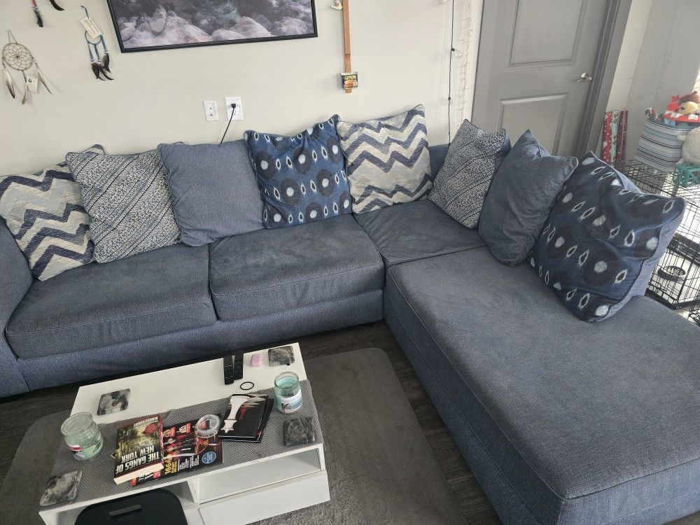 Dark Blue Sectional Couch and Matching Oversized Chair