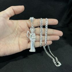 925 Sterling Silver Mens Womens Santa Muerte Grim Reaper & Curb Chain