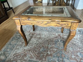 *Vintage Coffee table, Side Table beveled glass, wood, hand forged iron