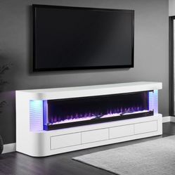 Brand New White Modern Style 71 Inch TV Stand w Electric Fireplace 