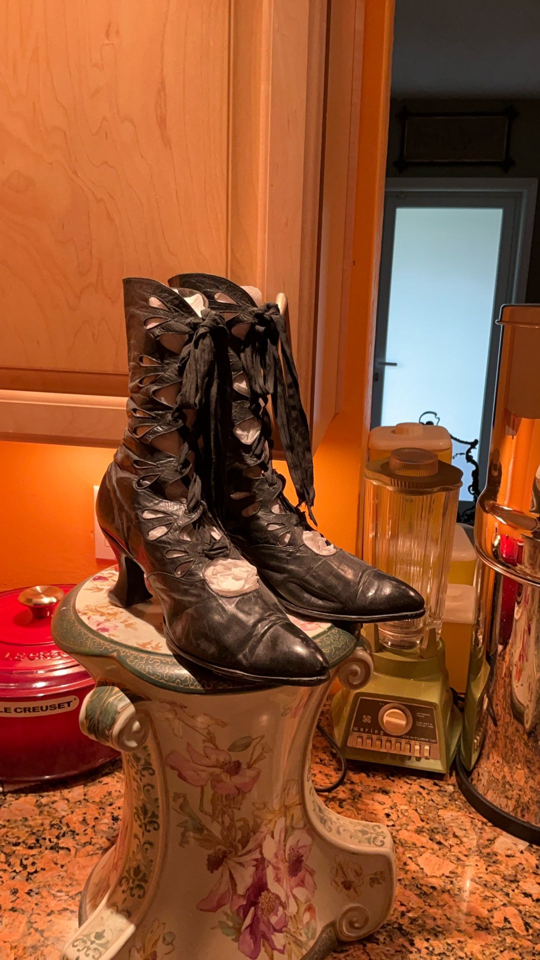 Antique Victorian/ Edwardian  Women’s  Black  Leather  Boots Lace Up Fancy  French   Heal