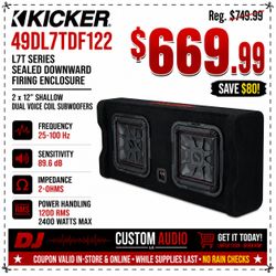Kicker DL7TDF12 Truck Sealed Box 2 x 12" L7T Shallow Subwoofers 2400 Watts 49DL7TDF122 🚨 Payment Options Available 🚨 No Credit Needed 🚨
