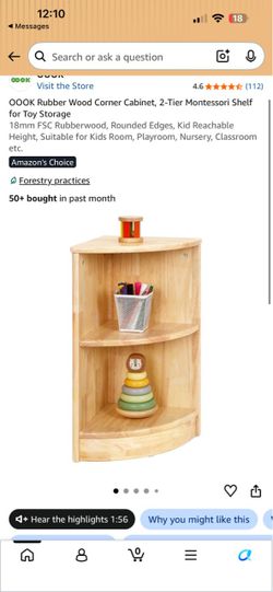 OOOK Rubber Wood Corner Cabinet, 2-Tier Montessori Shelf for Toy Storage 18mm FSC Rubberwood, Rounded Edges, Kid Reachable Height, Suitable for Kids R