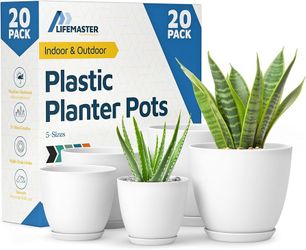 Lifemaster 20pcs Plant Pots with Drainage - Set of 5 Plastic Planters - Indoor/Outdoor Flower Pots in 5 Sizes - Sturdy Stackable Design (White)