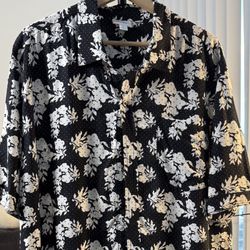 LuLaRoe Men’s Short Sleeve Button-Up Shirt – Black & White Floral – XL