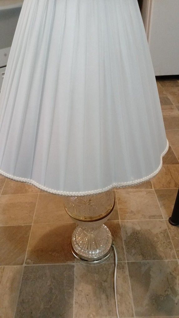 Vintage Crystal And Gold Lamp It's A Three-way Lamp And It Works Great It Has Design On The Crystal With A Brand New Shade And This Advantage And It's
