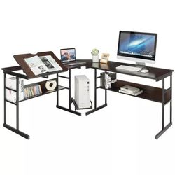 Already Assembled Practically New L-Shaped Computer Office Gaming Art Desk Drafting Table Workstation w/ Tiltable Tabletop