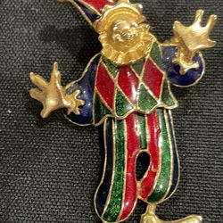 Dancing Clown Brooch-Ruby Red and Eggplant Purple Enamel Gold tone Articulated