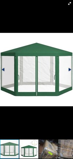 Green Hexagonal Outdoor Gazebo with Mesh Walls