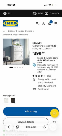 HEMNES 6-drawer dresser, white stain, 42 1/2x51 5/8 "