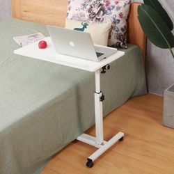 TigerDad Rolling Laptop Table Rolling Laptop Desk with Wheels Rolling Laptop Stand Adjustable Overbed Bedside Table Overbed Desk(White)