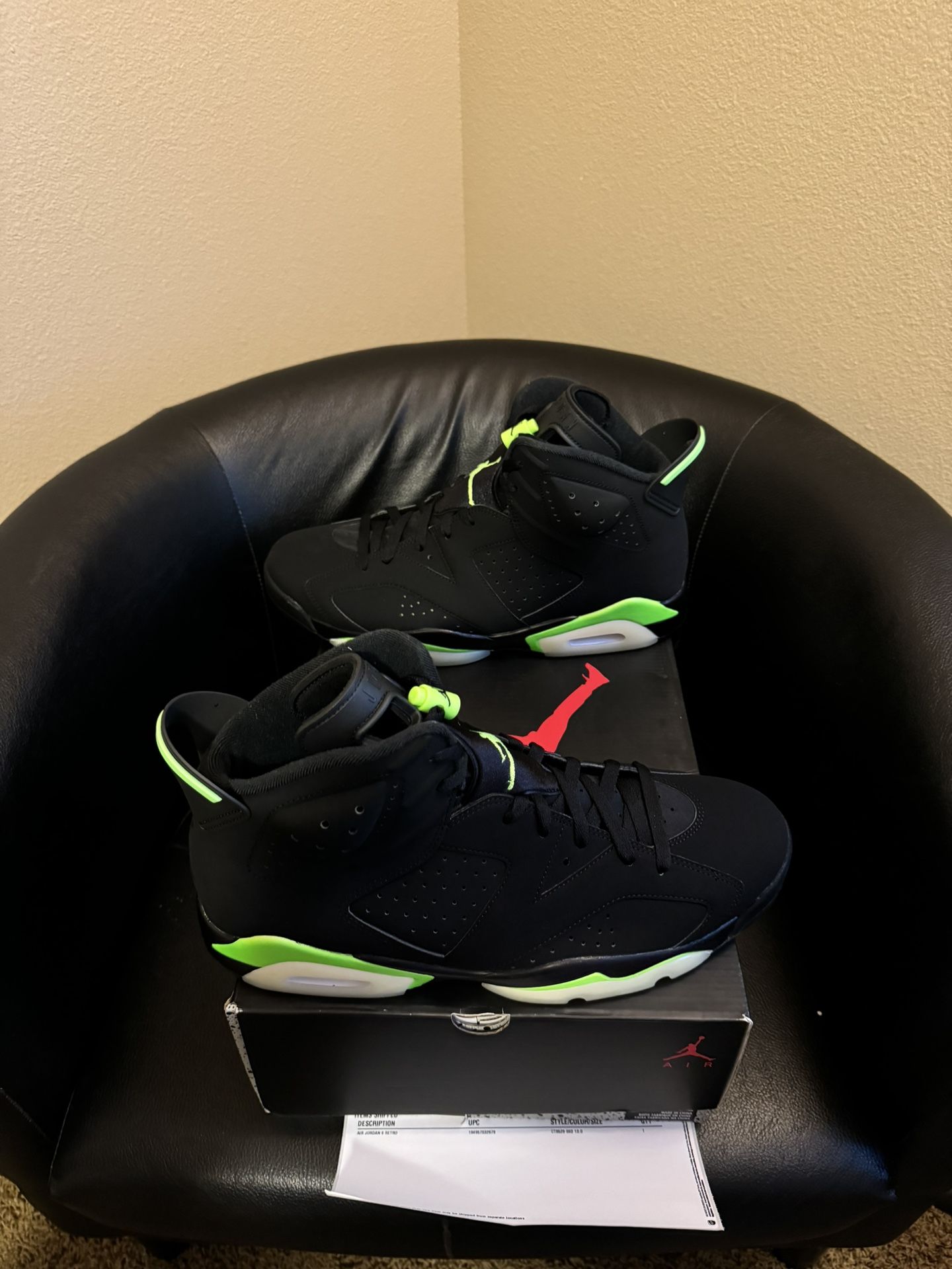 Brand new Air Jordan Electric Green 6’s size 13 with original boxes and proof of purchase. No trades cash is king and price is firm.