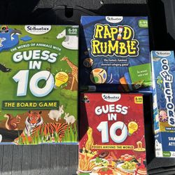 Skillmatics Guess In 10 Board Game, Guess In 10 Foods Around The World, Rapid Rumble, And Connectors Shark Attack Games 