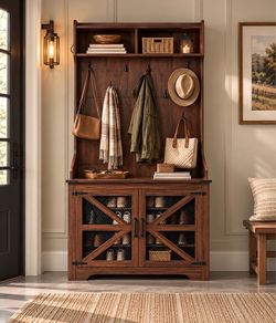Farmhouse Entryway Bench w/ Coat Rack, 12 Shoe Cubbies & 7 Coat Hooks Hall Tree with Shoe Storage Bench, Mudroom Storage Cabinet