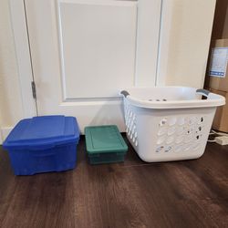 Sterilite Ultra Square Laundry Basket, 1.5-bushel (53-liter), Rubbermaid Storage Box 4.5 Gal/17L, Rubbermaid Keepers Box 4.5 QT/5L, good condition