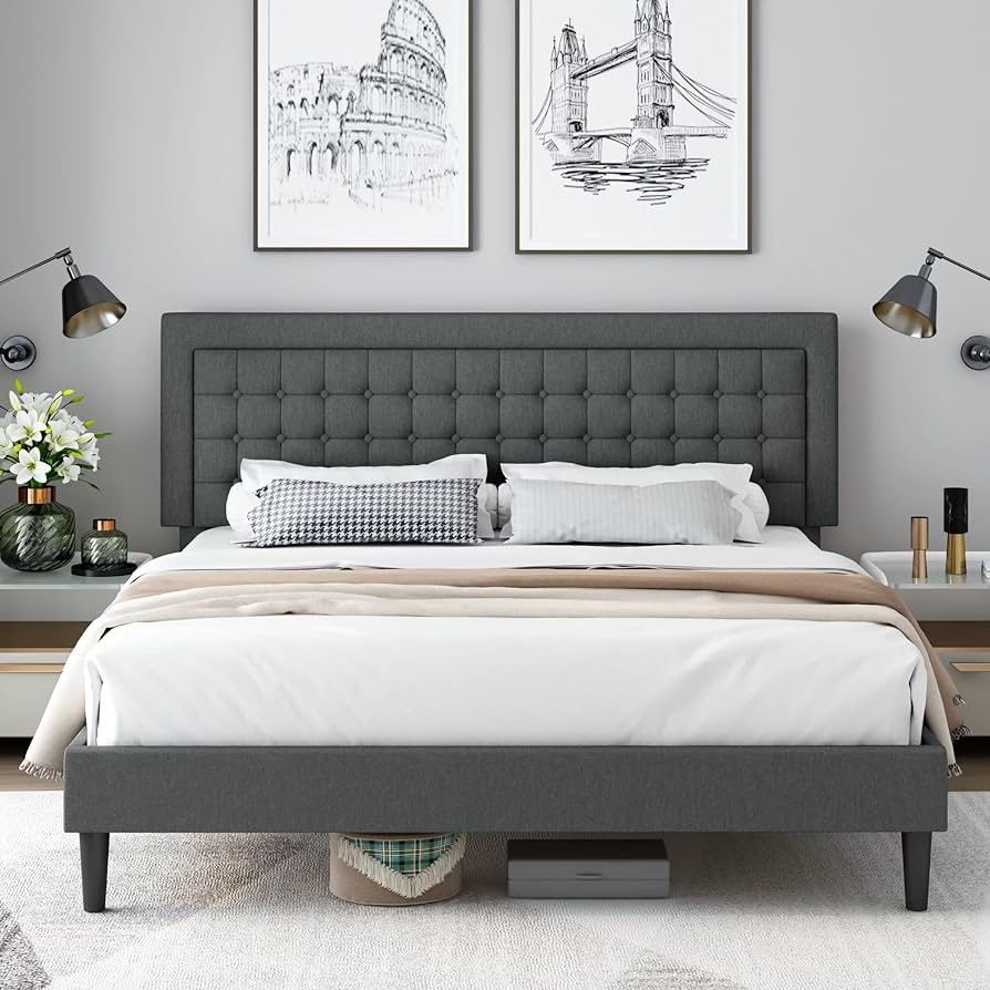 King Size Bed Frame for Bedroom, Modern Linen Fabric Bed Frame with Adjustable Button Tufted Upholstered Headboard, Wood Slat Support, Gray